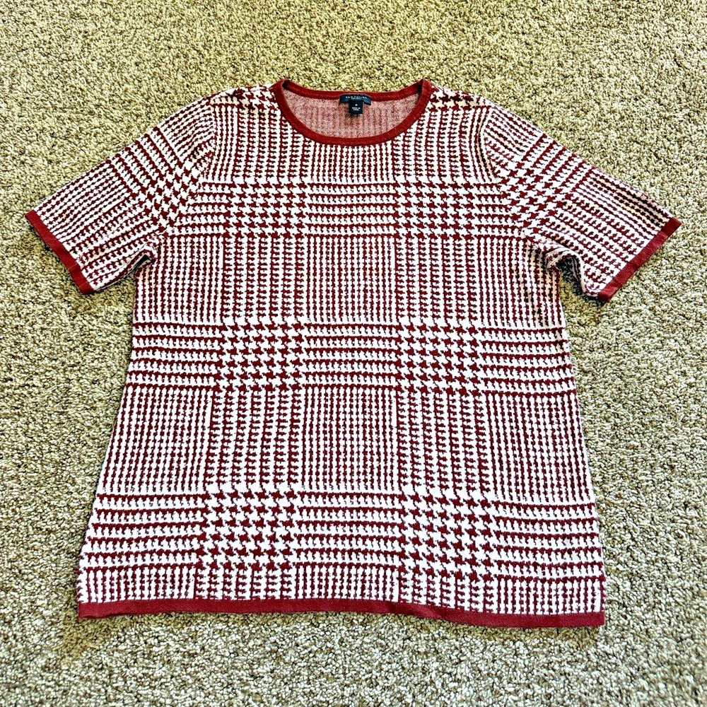 Ann Taylor Knit Sweater Women's M Burgundy/Ivory Houndstooth Cotton Pullover